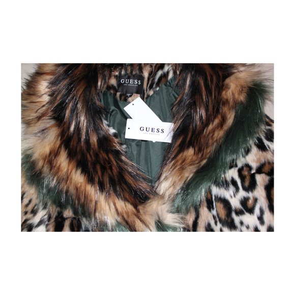 GUESS Natalia Faux Fur Coat Animal Print Tan Brown Celebrity Glam Luxe Jacket - Picture 4 of 8